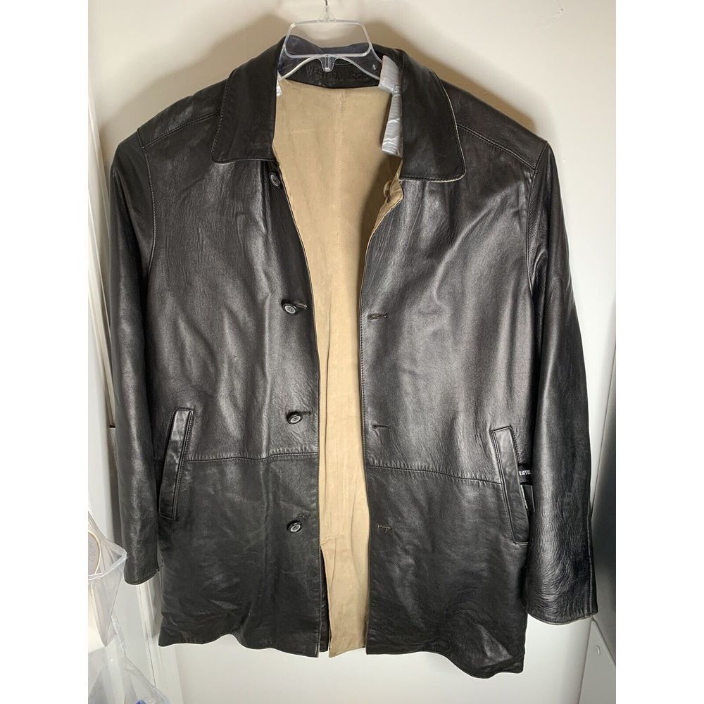 weatherproof‎ vintage black soft leather reversible jacket Mens L Tall Button Up